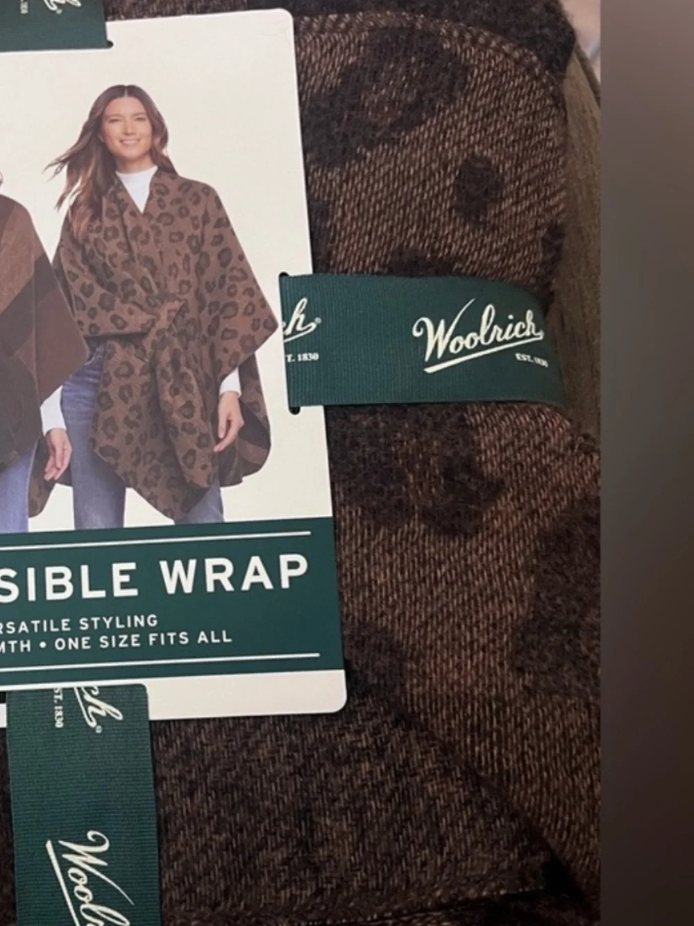 Woolrich Reversible Wrap Poncho Brown Plaid Leopard One Size NWT MSRP $79
